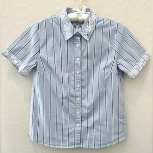 DENIM & CO Blue Striped Shirt Embroidered Collar Short Sleeve Button Front | XXS